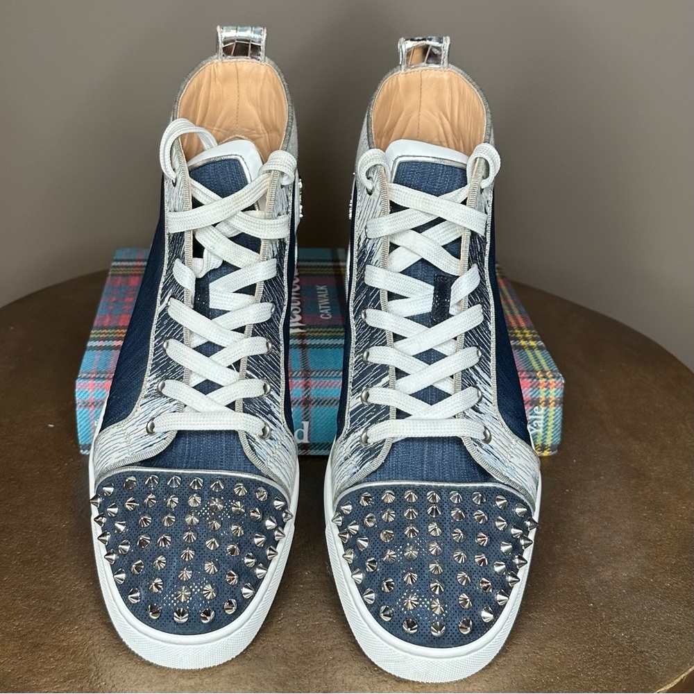 Christian Louboutin Denim and Silver Studded Sneakers - Picture 4 of 8